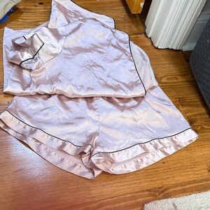 SHEIN Light Pink Satin Cami and Shorts Pajama Set with Black Piping